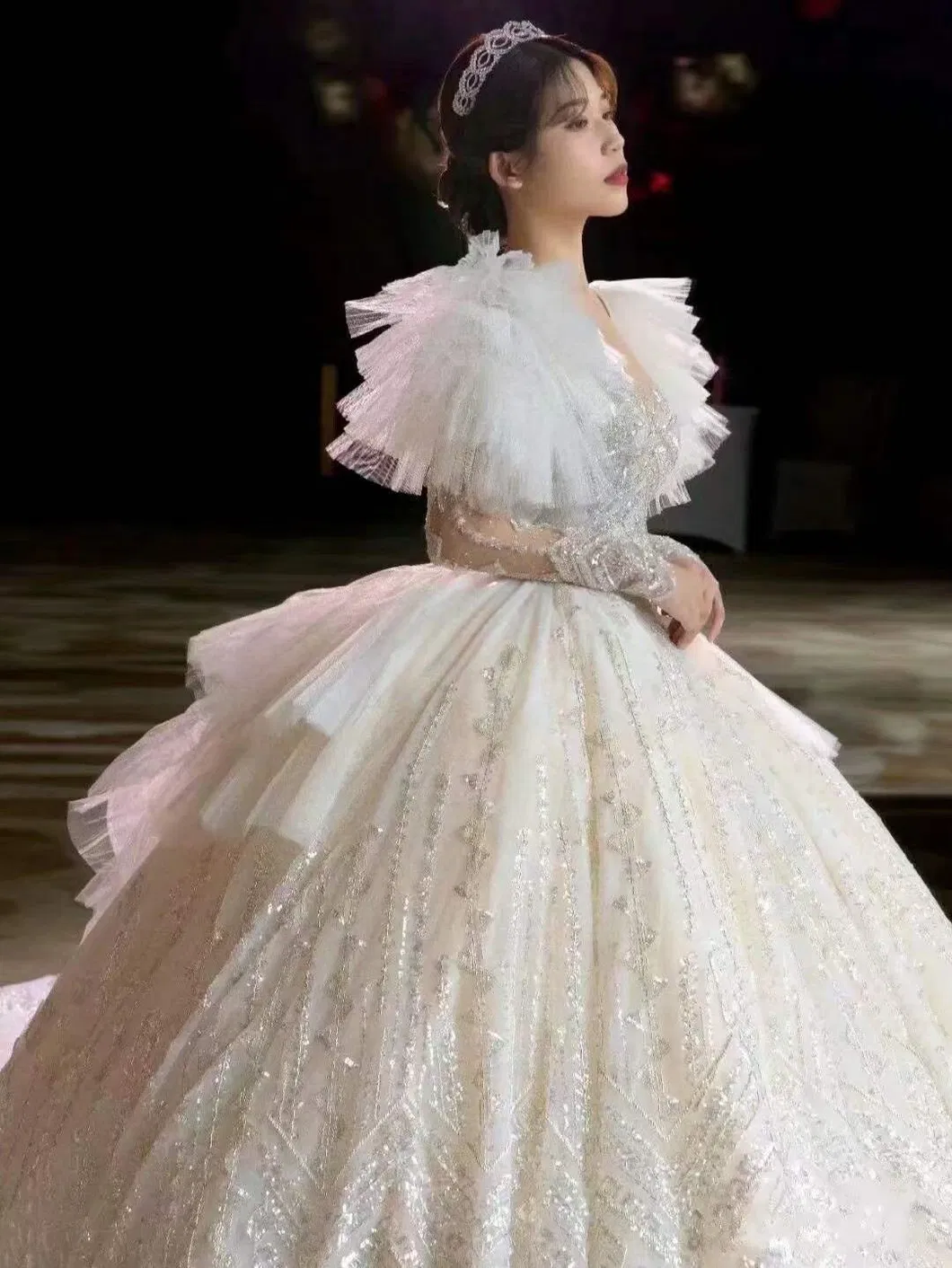 Luxry Crystals Heavy Beading Long Sleeve V-Neck Organza Tull Lace Bride′ S Party Arab Wedding Dress