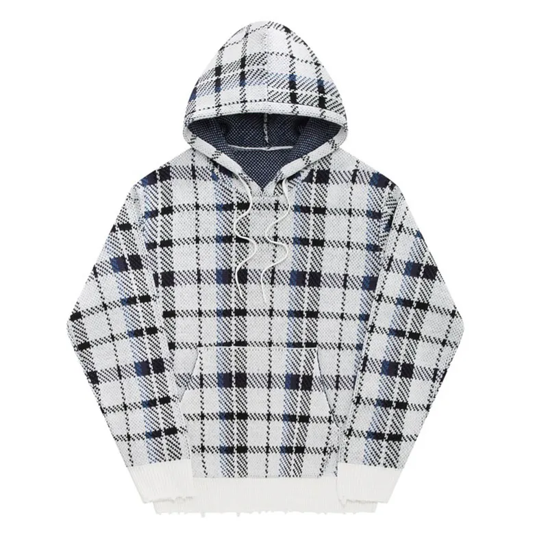 Men′s Casual Pullover Hoodies Classic Twill Plaid Jacquard Hooded Sweatshirt Hoody with Kanga Pocket