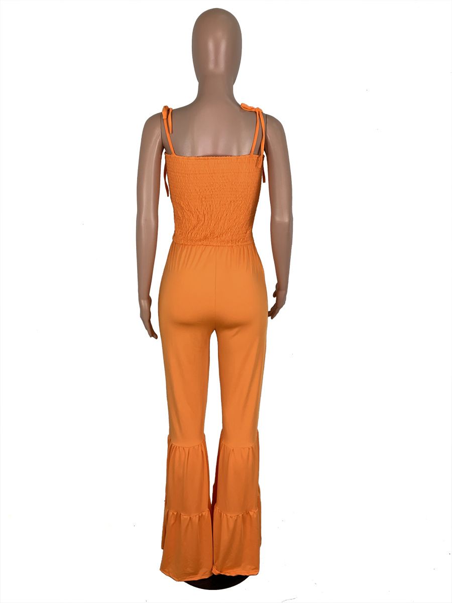 New Arrival 100% Cotton Spaghetti Strap Flare Pants Jumpsuit for Women Girls Party Daily Wear
