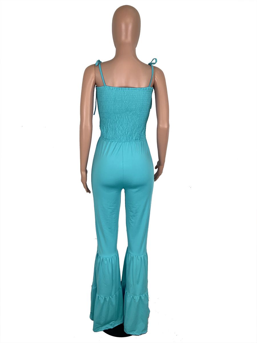 New Arrival 100% Cotton Spaghetti Strap Flare Pants Jumpsuit for Women Girls Party Daily Wear