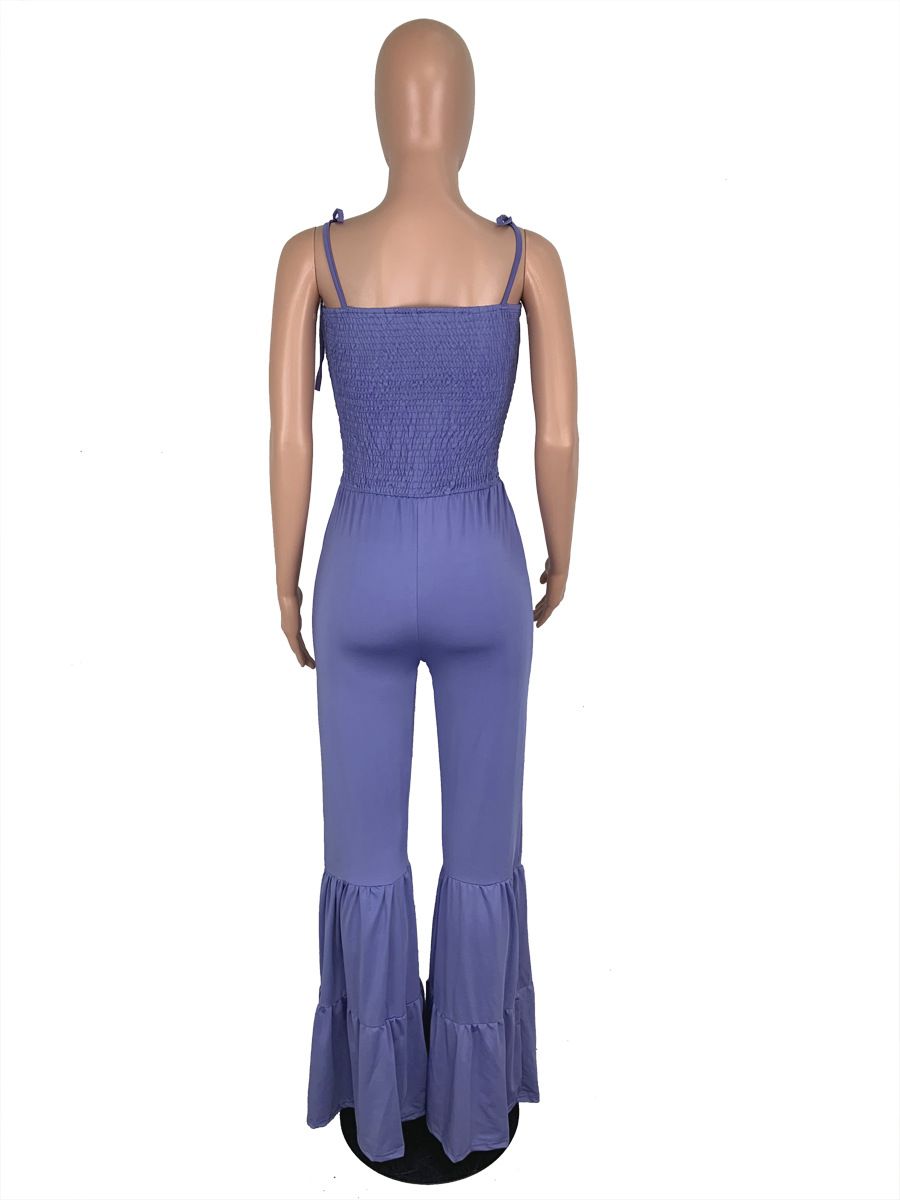New Arrival 100% Cotton Spaghetti Strap Flare Pants Jumpsuit for Women Girls Party Daily Wear