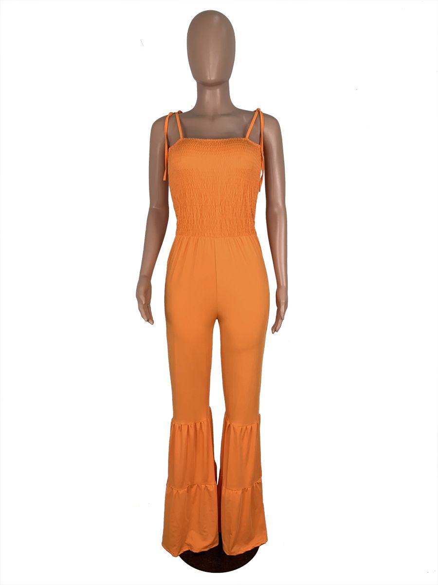 New Arrival 100% Cotton Spaghetti Strap Flare Pants Jumpsuit for Women Girls Party Daily Wear