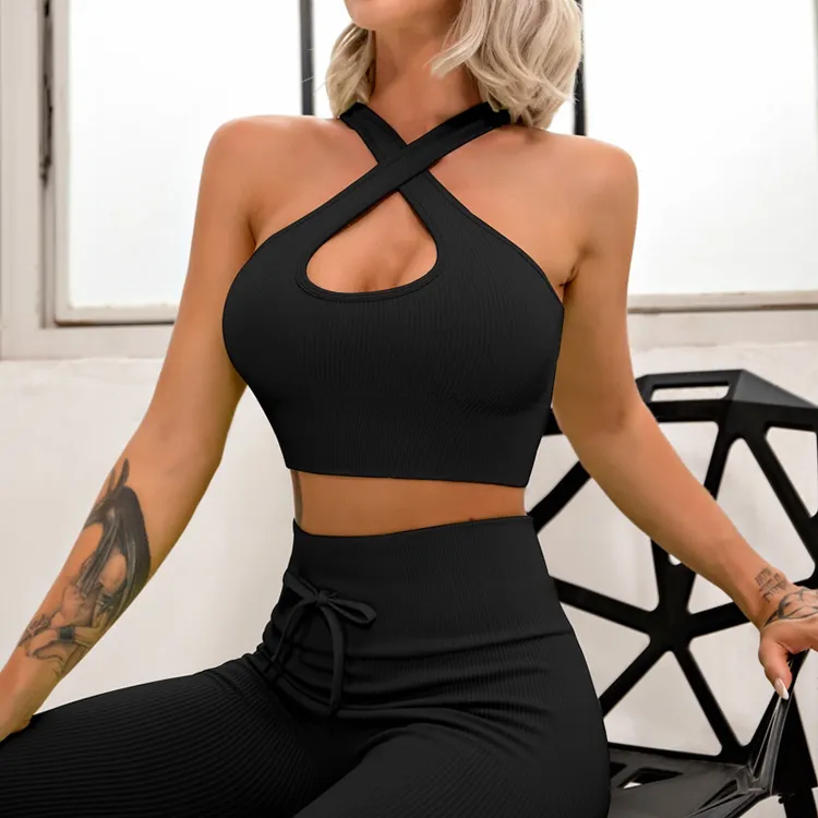 New Arrival Stylish Gym Workout Outfit for Women 2 Piece Seamless Ribbed Crossover Halter Crop Top with High Waist Sports Leggings Fitness Clothes