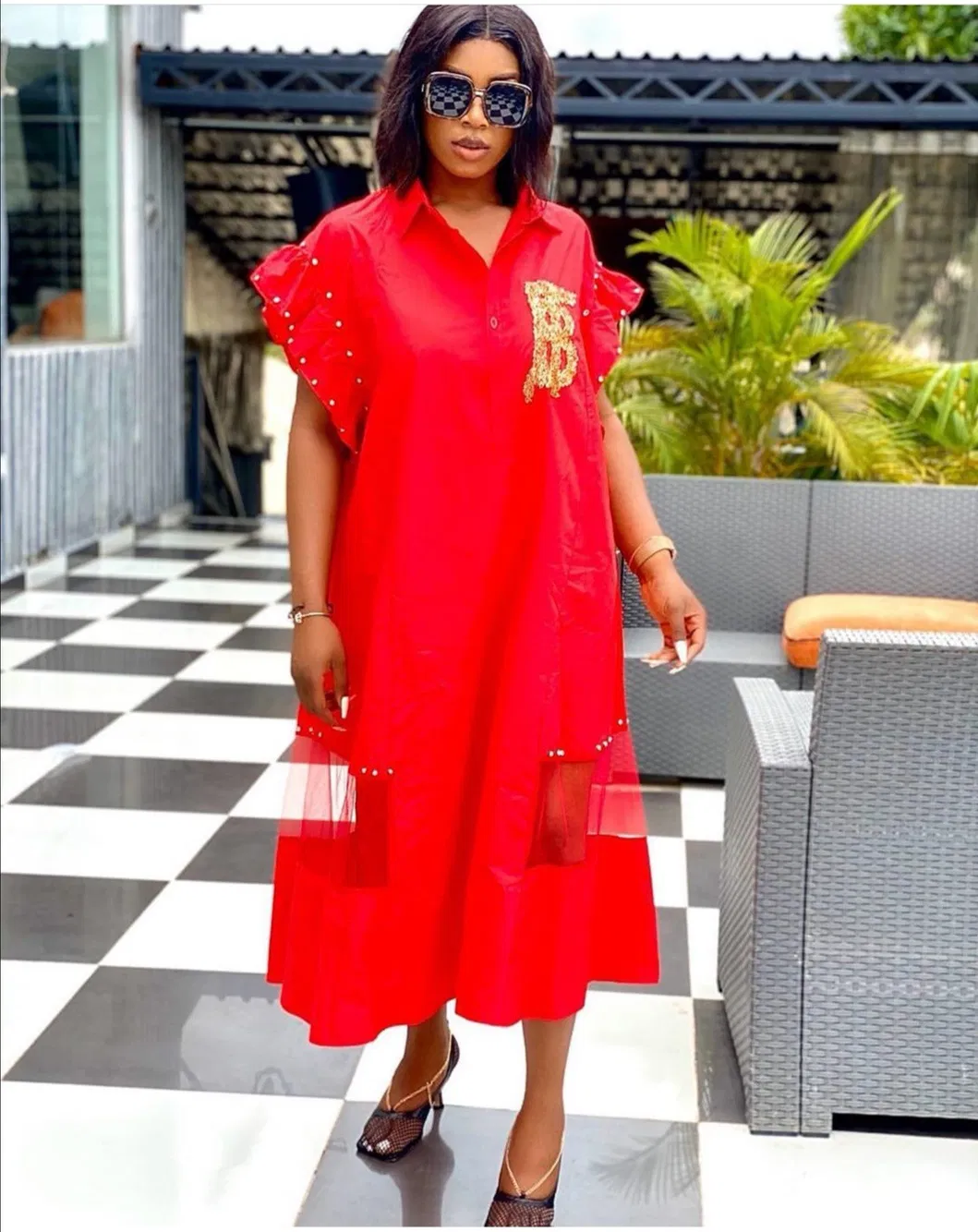 New Beaded Ruffle Dress Women Shirt Dresses Lady Shirt Dresses