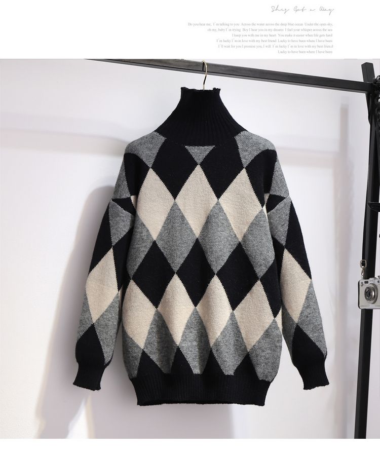 New Fashion Knitted Turtleneck Diamond Pattern Sweater Black Wool Skirt
