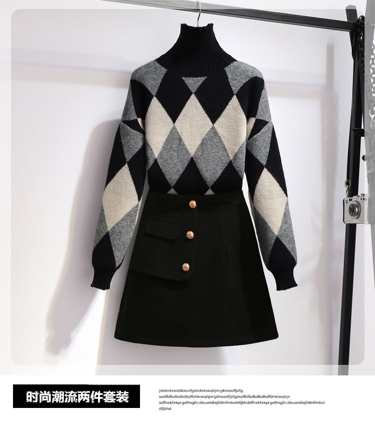 New Fashion Knitted Turtleneck Diamond Pattern Sweater Black Wool Skirt