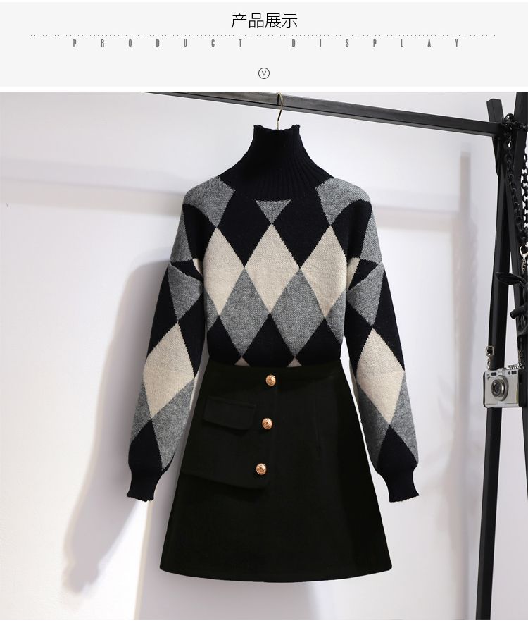 New Fashion Knitted Turtleneck Diamond Pattern Sweater Black Wool Skirt