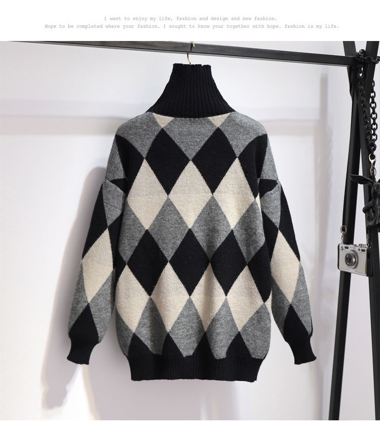 New Fashion Knitted Turtleneck Diamond Pattern Sweater Black Wool Skirt