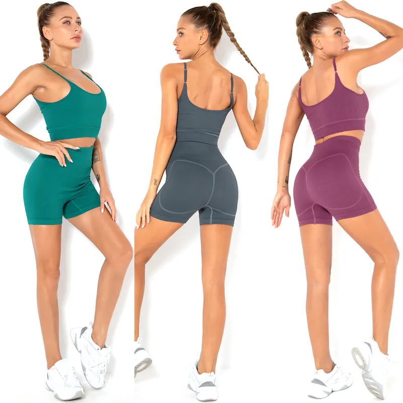 New Green Ribbed Yoga Sets 2 Piece Adjustable Gym Fitness Sports Jogging Outfits, Custom Seamless Jogging Suits Yoga Bra with Butt Lift Shorts Activewear