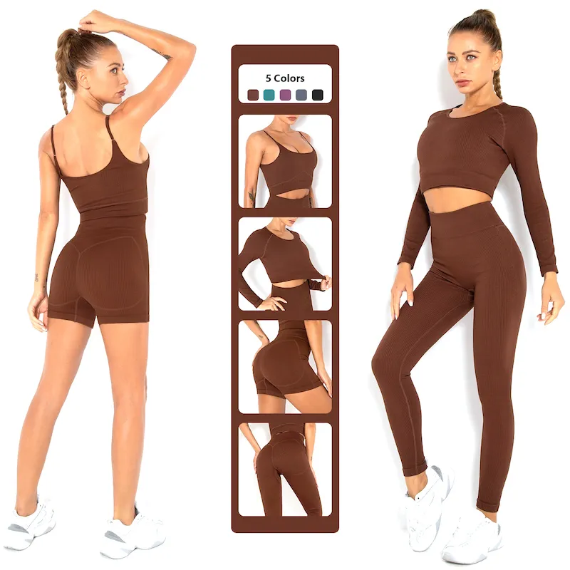 New Green Ribbed Yoga Sets 2 Piece Adjustable Gym Fitness Sports Jogging Outfits, Custom Seamless Jogging Suits Yoga Bra with Butt Lift Shorts Activewear