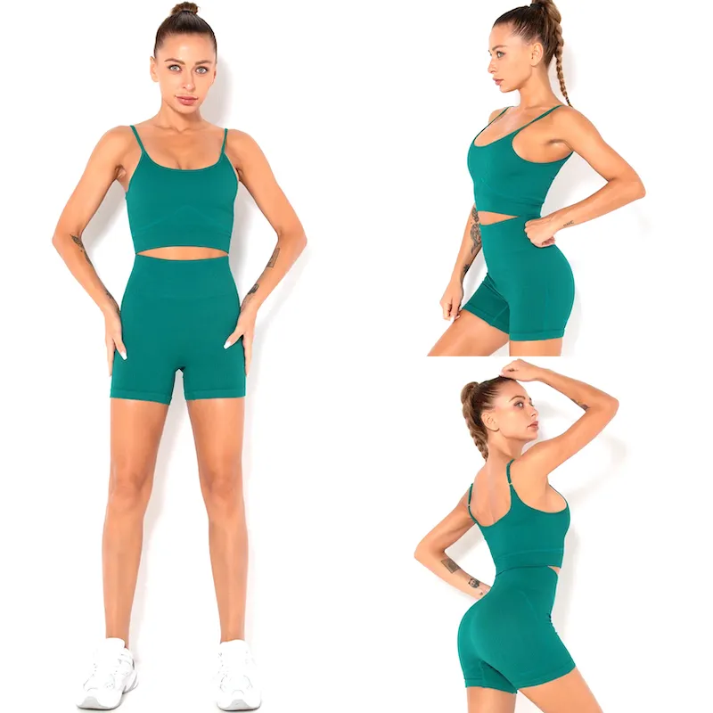 New Green Ribbed Yoga Sets 2 Piece Adjustable Gym Fitness Sports Jogging Outfits, Custom Seamless Jogging Suits Yoga Bra with Butt Lift Shorts Activewear