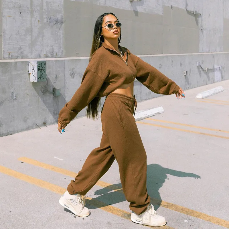 New Trendy Casual Crop Top Solid Color Zipper Pleated Women Tracksuit Fall