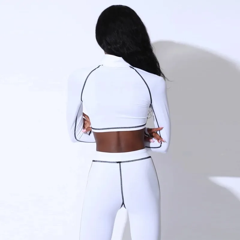 OEM Autumn Striped Sporty Suit Long Sleeve Turtleneck Crop Top + High Elasticity Fitness Leggings Two Piece Set Fitness Gymwear