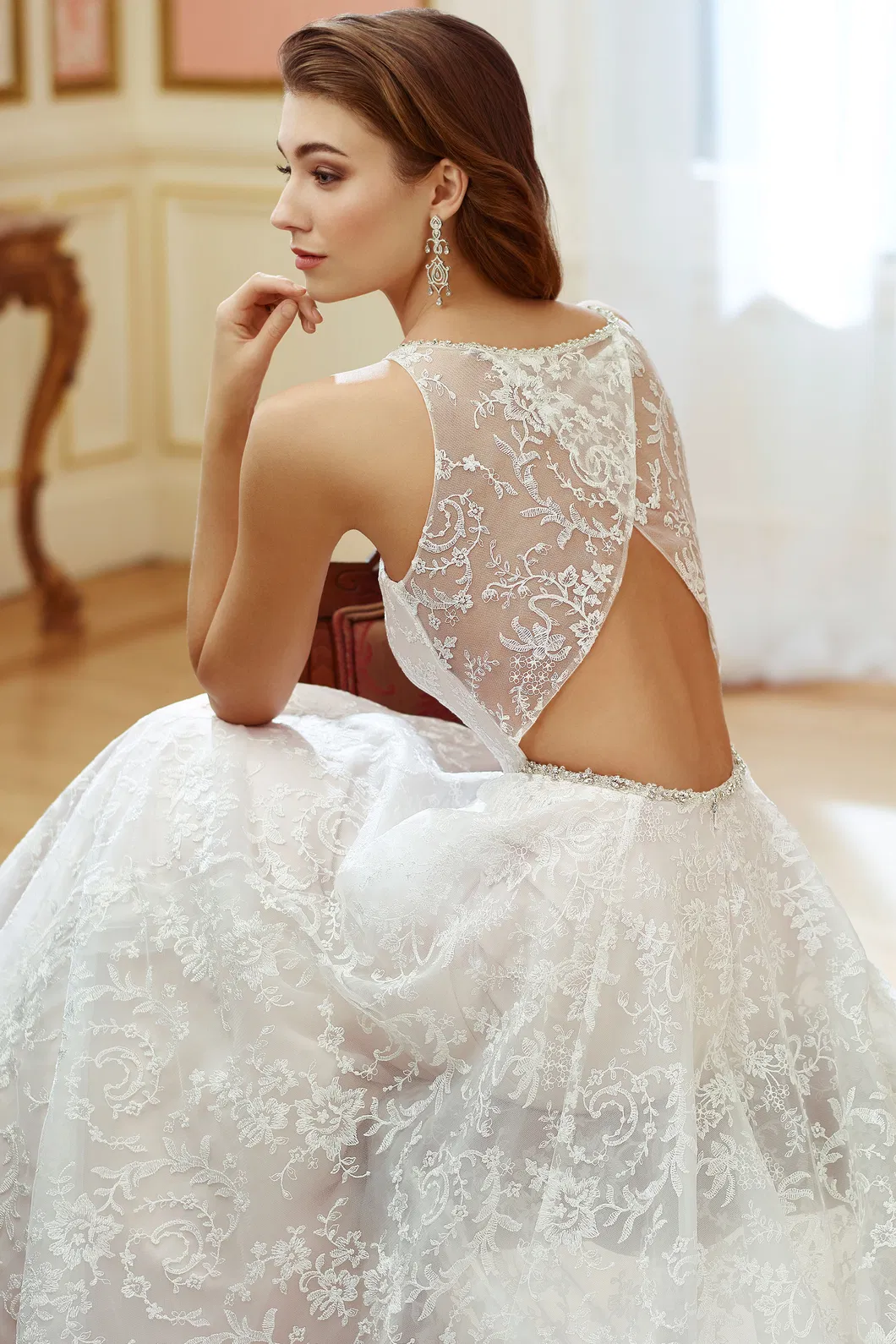 Princess Bridal Gown Beaded Lace Cream Crystal Sash Wedding Dresses Sheer Neck Wedding Dress