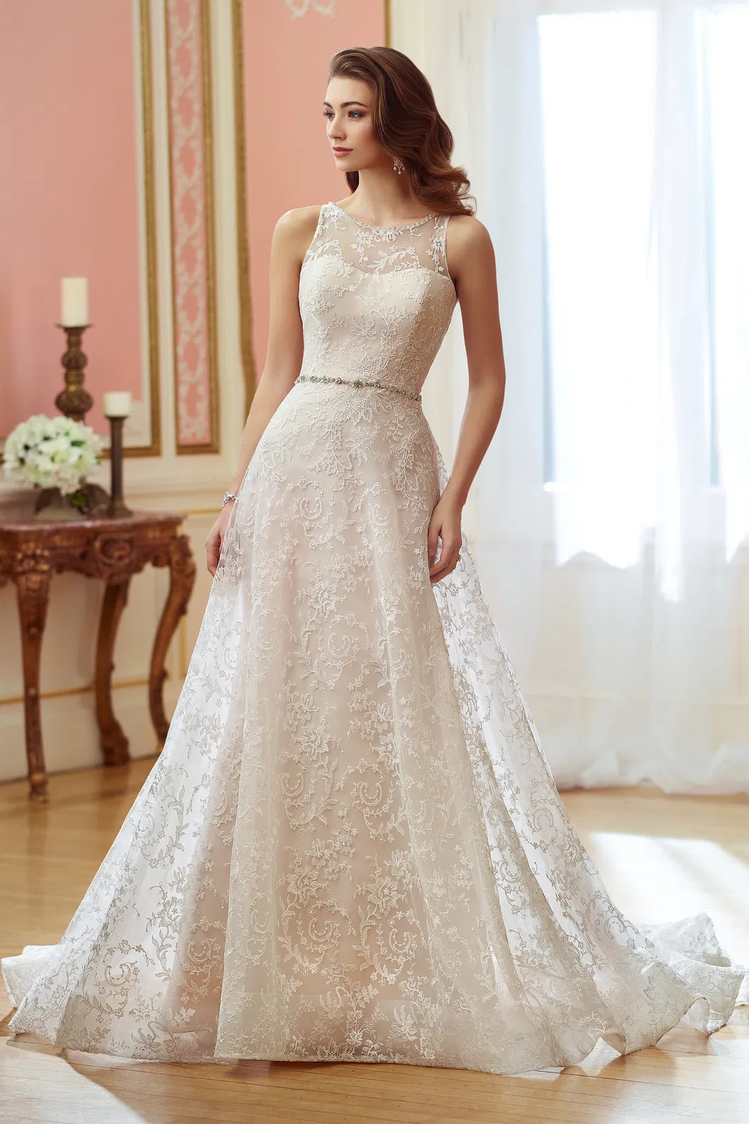 Princess Bridal Gown Beaded Lace Cream Crystal Sash Wedding Dresses Sheer Neck Wedding Dress