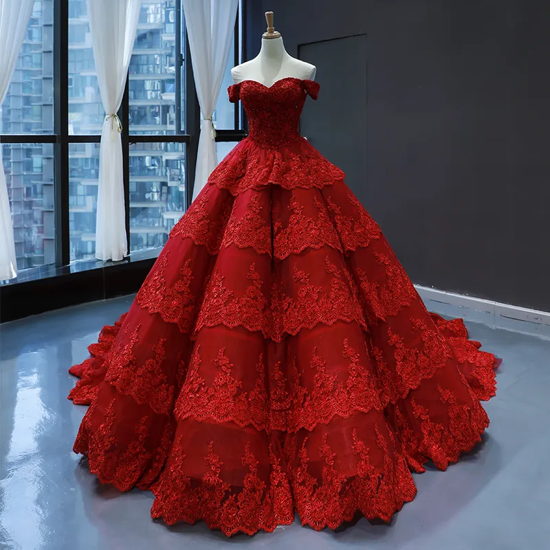 Red Prom Gown Lace Puffy Bridal Ball Gowns Wine Color Accent Wedding Dresses 2021 E1914