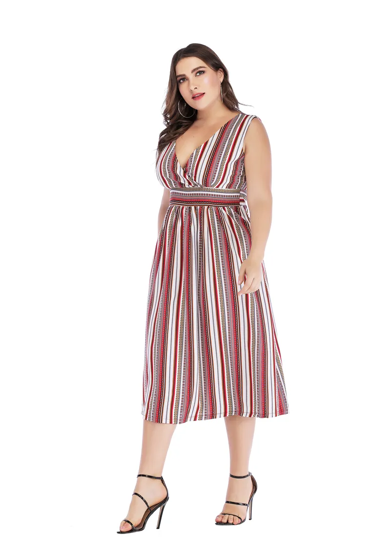 Sexy V-Neck Striped Sundress Waistline Slimming Full-Length Dress Extra Large