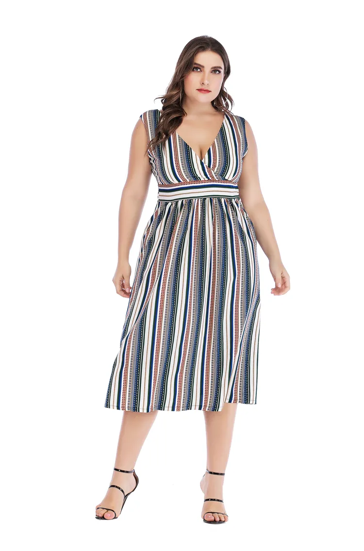 Sexy V-Neck Striped Sundress Waistline Slimming Full-Length Dress Extra Large