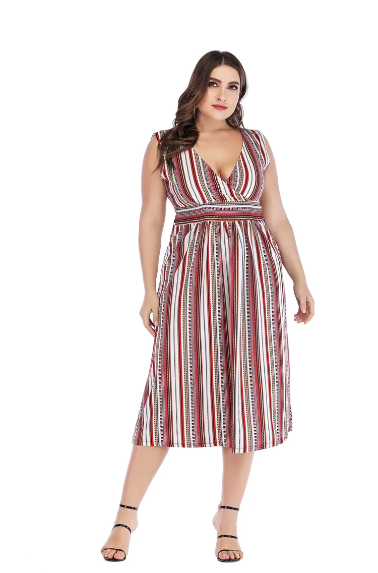Sexy V-Neck Striped Sundress Waistline Slimming Full-Length Dress Extra Large