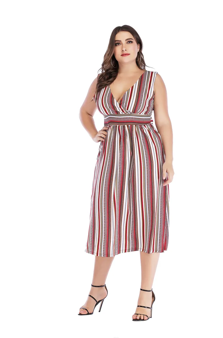 Sexy V-Neck Striped Sundress Waistline Slimming Full-Length Dress Extra Large