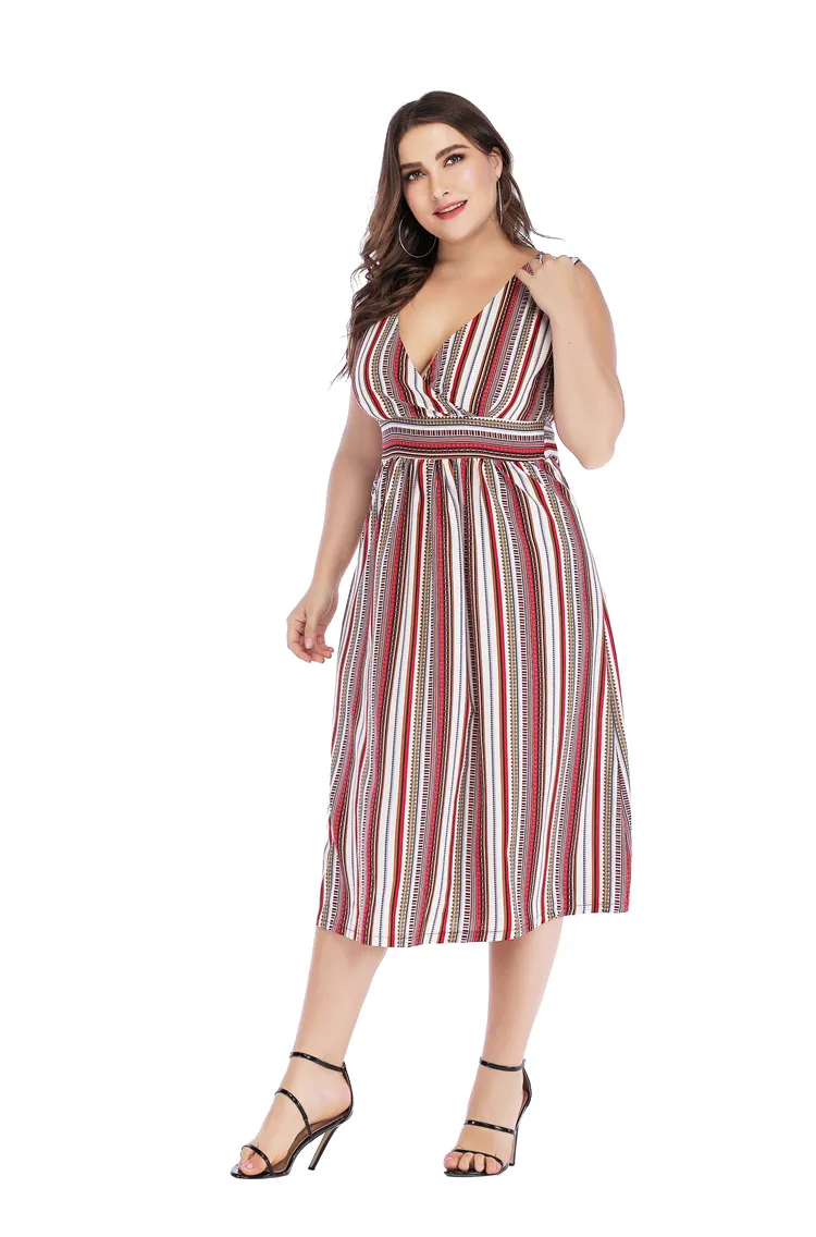 Sexy V-Neck Striped Sundress Waistline Slimming Full-Length Dress Extra Large