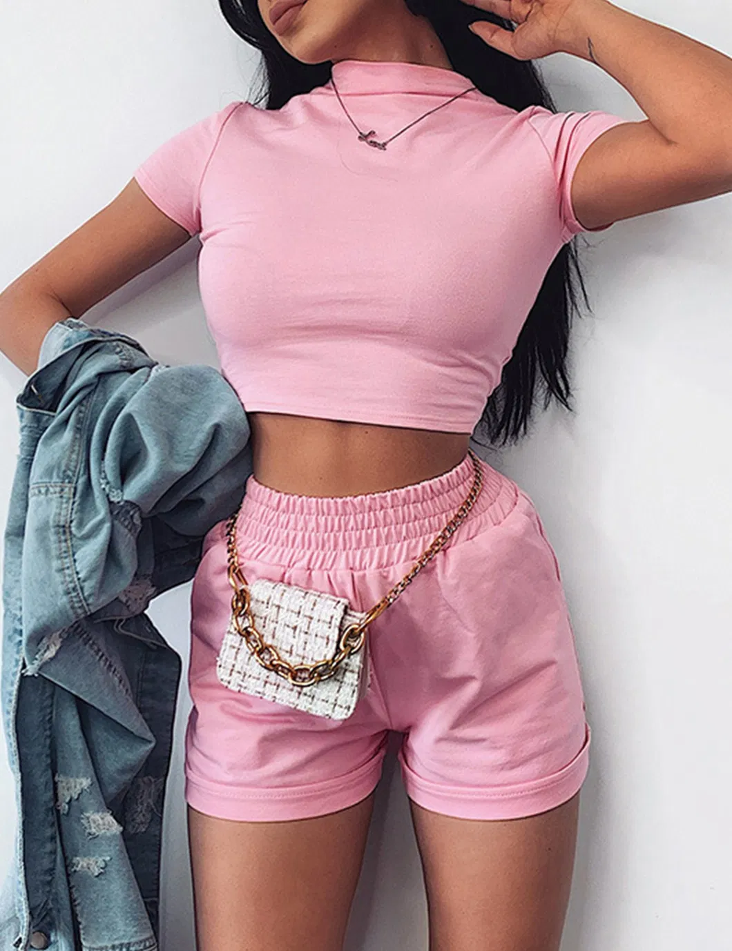 Shangyan Womens 2-Piece Crewneck Tops Cuffed Shorts Outfits Bodycon Sets Suit