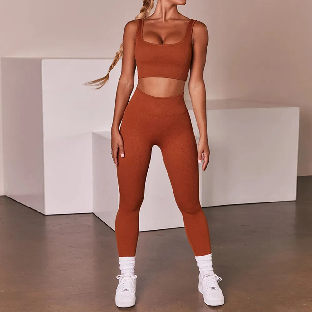 Spot 2021! Europe and America Amazon Knitted Thread Sports U-Neck Vest Trousers Yoga Clothes Fitness Suit