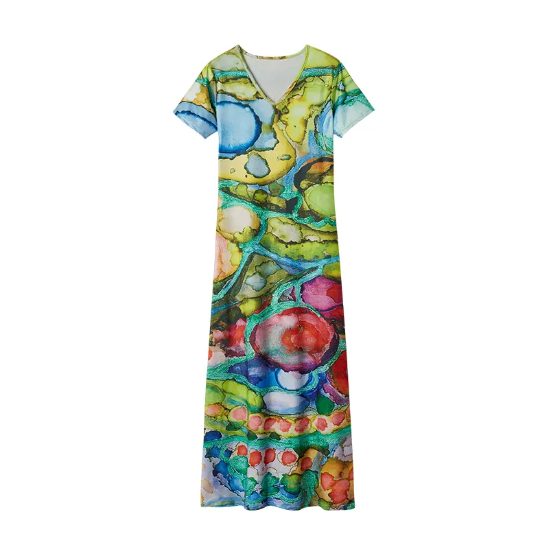 Spring Summer New Ladies Short Sleeve Ink Spot Printing Dress