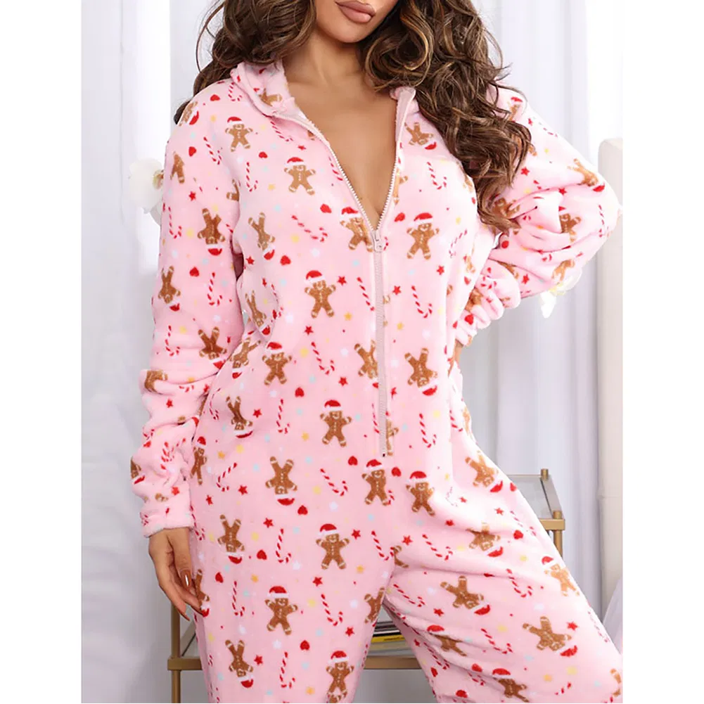 Wholesale Women Christmas Printed Hooded Zipper Loungewear