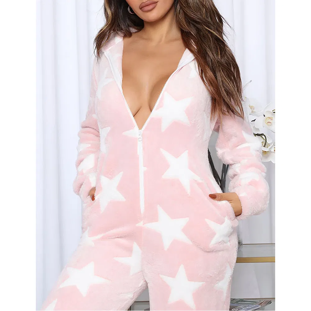 Women Christmas Printed Hooded Zipper Winter Fleece Jumpsuit