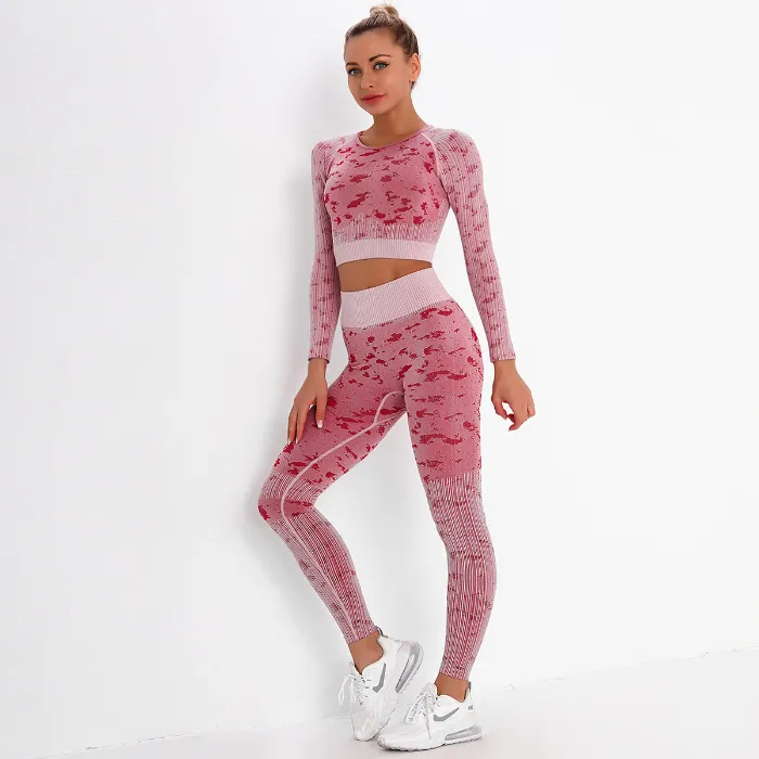 Women Fitness 2 Pieces Set Patterned Tracksuit Long Sleeve Turtleneck Crop Top + Elastic Push up Leggings Outfits