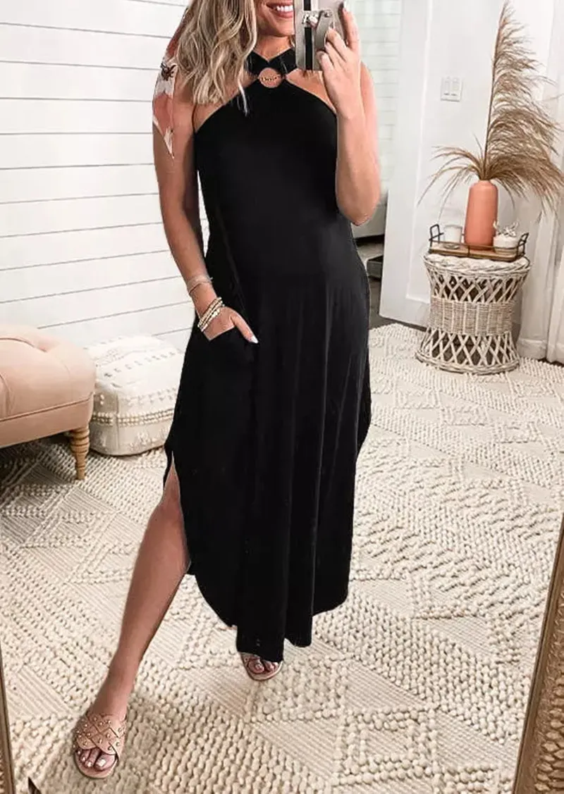 Women′ S Pure Color Shoulder Strap Collar Skirt Hem Slit Temperament Sleeveless Loose Long Dress