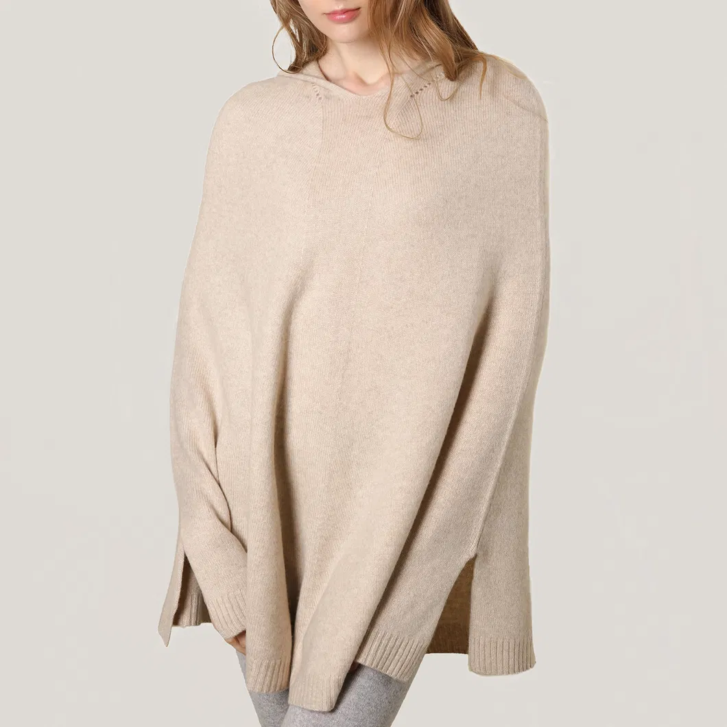 Women′s Cashmere Knitted Poncho in Beige