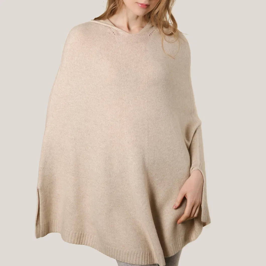 Women′s Cashmere Knitted Poncho in Beige