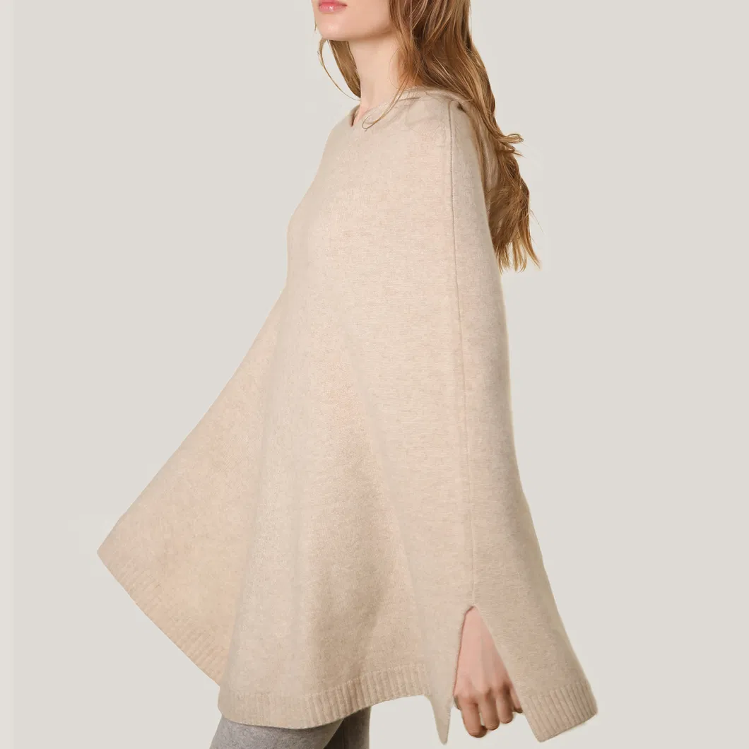 Women′s Cashmere Knitted Poncho in Beige