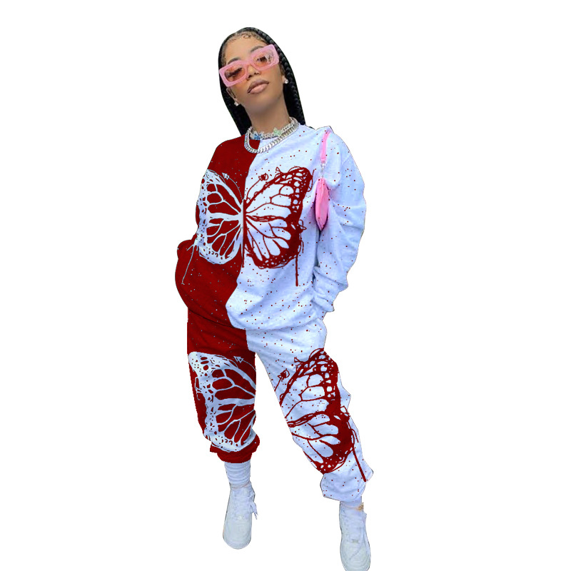Women's Clothing Butterfly Print Long Sleeve Casual Sweatpants 2 Piece Sets Sweatsuit Tracksuits Set Women