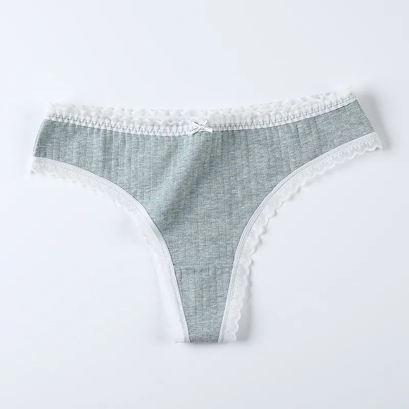 Women′s Underwear Cotton Silk Antibacterial Crotch Sexy Lace Trim Thong