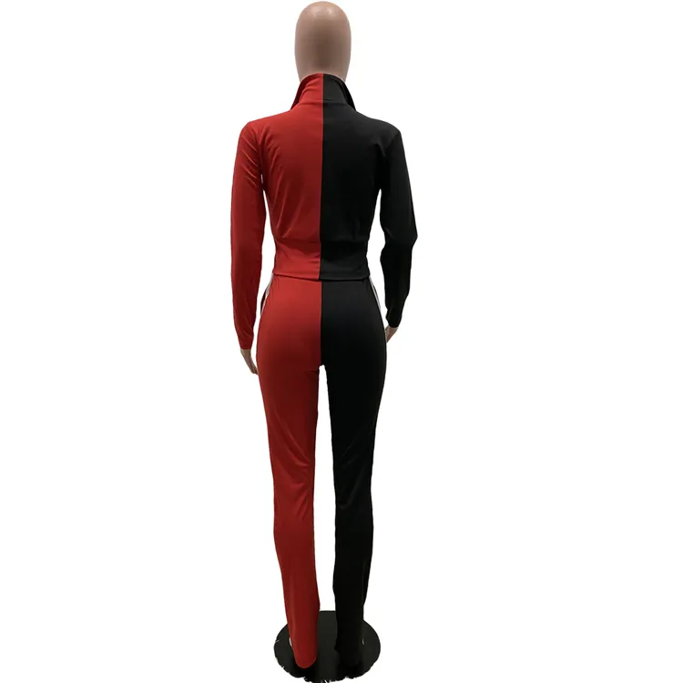 Women Solid Color Sportswear Contrast New Arrival Fall Winter Casual Color Patchwork Tracksuits Two Pieces Top Pants Jogger Set