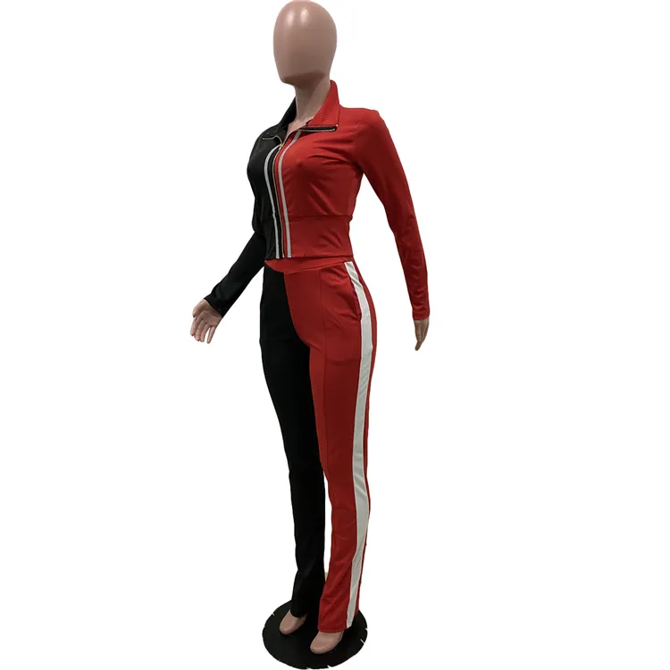 Women Solid Color Sportswear Contrast New Arrival Fall Winter Casual Color Patchwork Tracksuits Two Pieces Top Pants Jogger Set