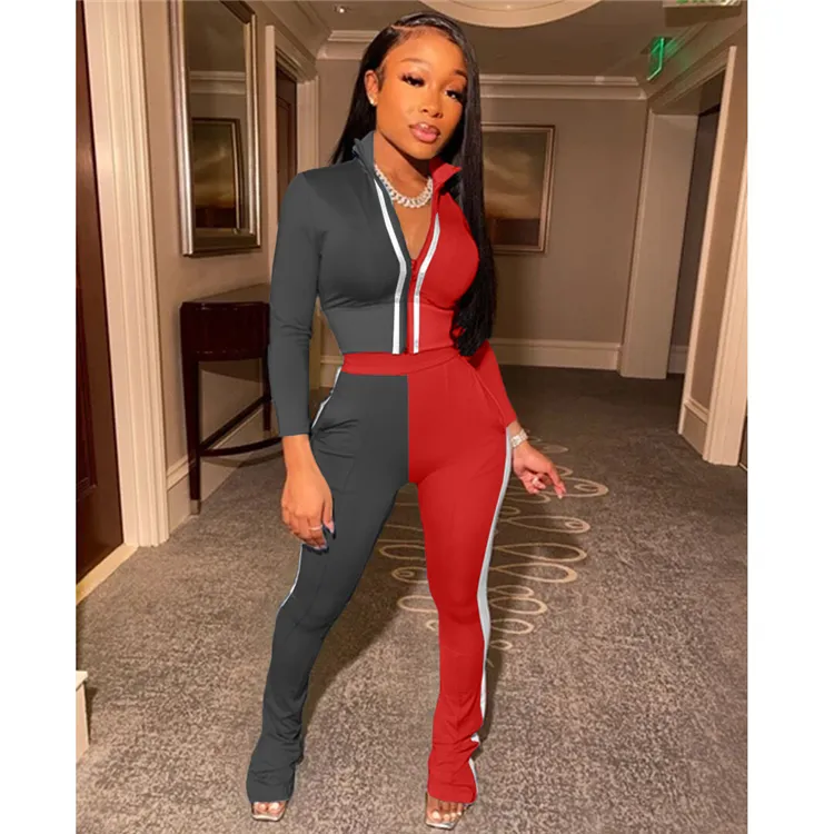 Women Solid Color Sportswear Contrast New Arrival Fall Winter Casual Color Patchwork Tracksuits Two Pieces Top Pants Jogger Set