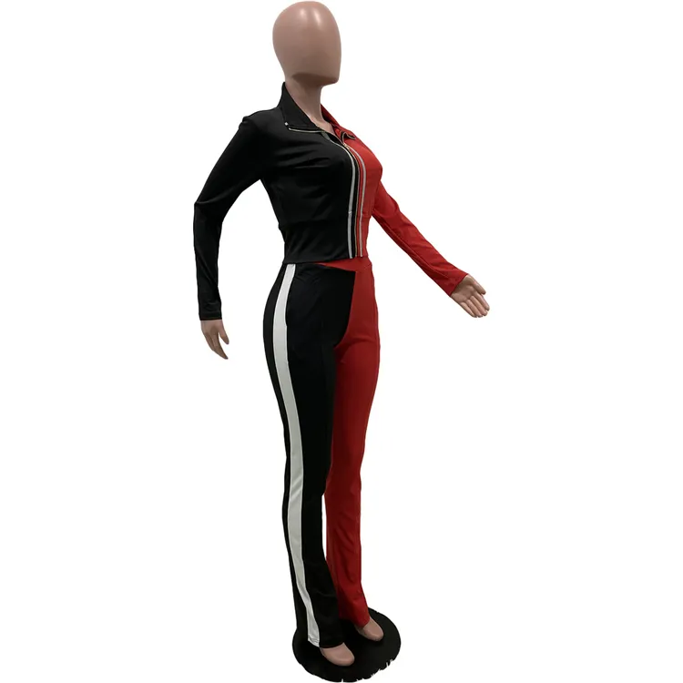 Women Solid Color Sportswear Contrast New Arrival Fall Winter Casual Color Patchwork Tracksuits Two Pieces Top Pants Jogger Set