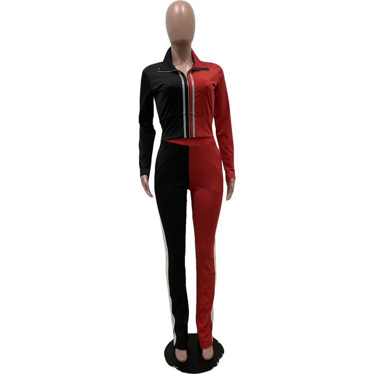 Women Solid Color Sportswear Contrast New Arrival Fall Winter Casual Color Patchwork Tracksuits Two Pieces Top Pants Jogger Set