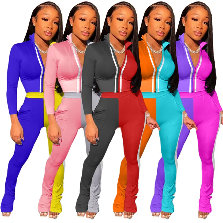 Women Solid Color Sportswear Contrast New Arrival Fall Winter Casual Color Patchwork Tracksuits Two Pieces Top Pants Jogger Set