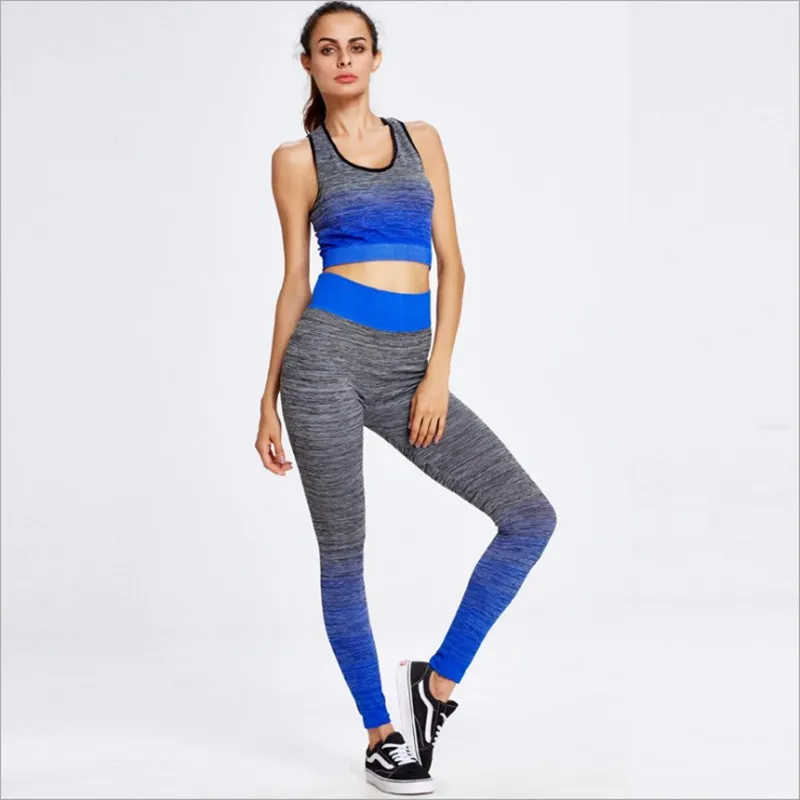 Women Summer Sports Gym Active Wear Seamless Sexy Ombre Stripes Fitness Yoga Wear