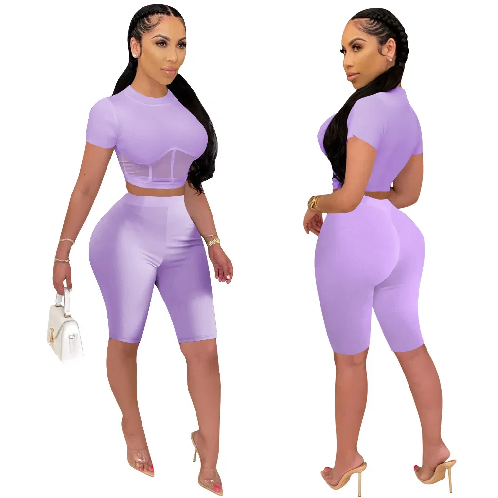 Women Two Piece Set Mesh Splicing O-Neck Crop Tops Knee Length Leggings Jogger Pant Suit Tracksuit Matching Set Outfit