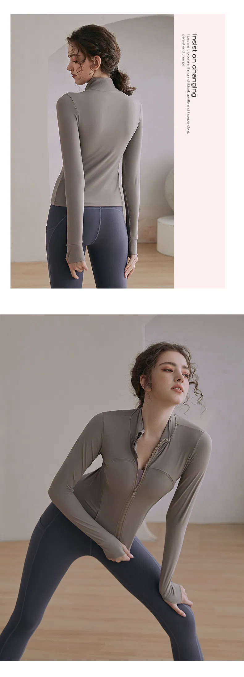 Yoga Wear Stand-up Collar Cardigan Zipper Sports Jacket Women′s Tight-Fitting Running Quick-Drying Long-Sleeved Fitness Top